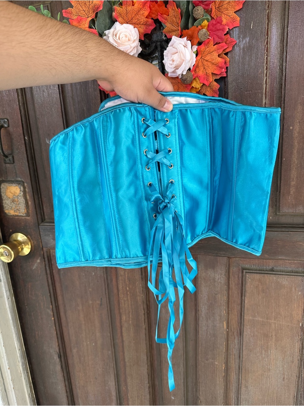Satin Blue Corset with Adjustable Waist Straps New Waist Cincher